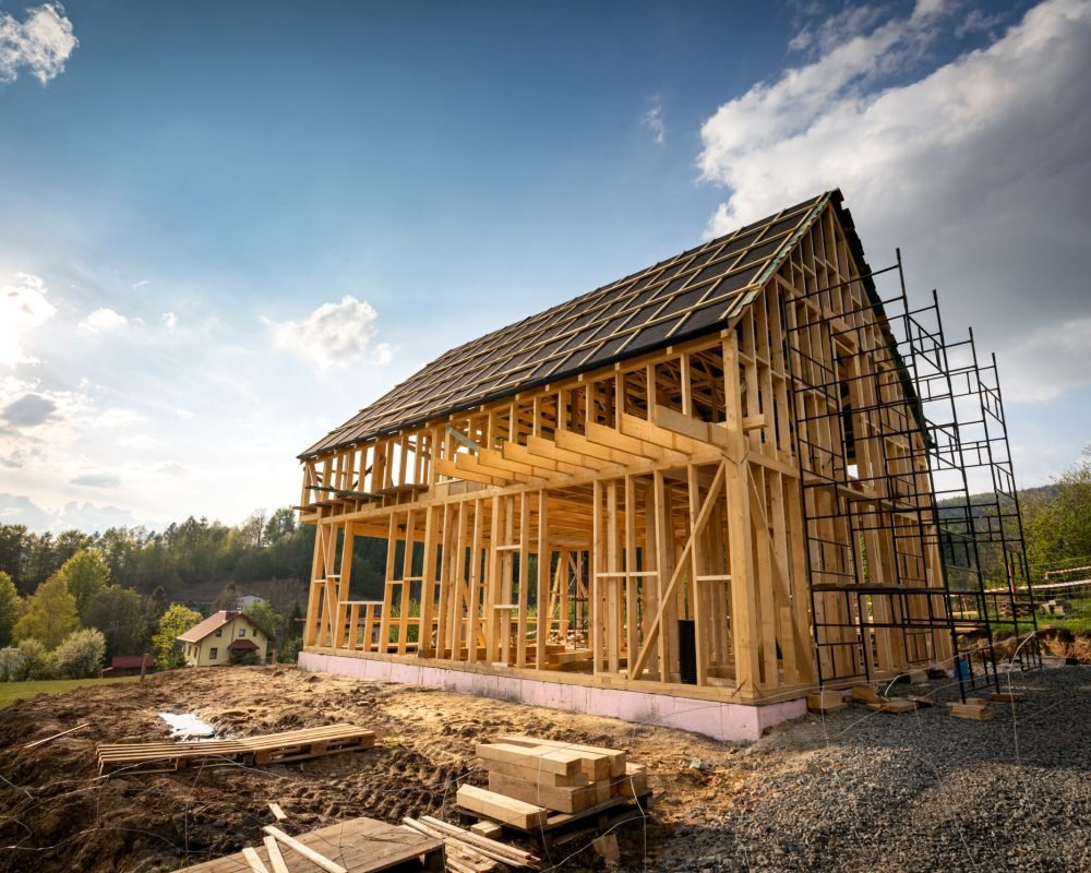 Residential home construction, frame wooden house outdoor